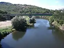 L'Allier vers l'amont et le pont de la voie ferrée au second plan