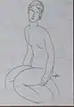 Dessin d'une femme nue assise de trois-quarts face, tête légèrement penchée, cheveux relevés