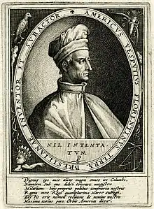 Gravure du buste d'un homme dont le liseret indique : « Americus Vesputius florentinus terra bresilianae inventor et subactor ».