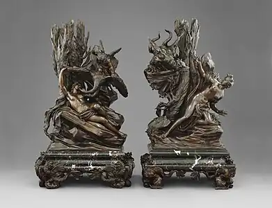 Andromède (mythologie) et le monstre marin, Léda (mythologie) et le cygne, bronzes de Massimiliano Soldani Benzi. 1725.