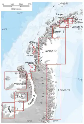 Carte de l'Antarctique indiquant l'emplacement des principaux segments de la barrière de Larsen (A, B, C et D).