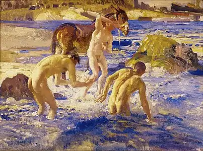 George Washington Lambert, Anzacs Bathing in the Sea, 1914. Ses peintures de la bataille de Gallipoli sont une partie de la mythologie nationale de l'Australie.