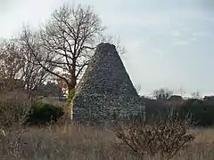 Cabanon pointu délesté de sa couverture de lauses à Apt, Vaucluse ; le cône est l'extrados, mis à nu, de la voûte d'encorbellement.
