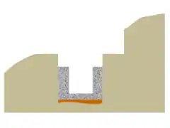 Vue en coupe du flanc d'un coteau creusé d'une tranchée ; du mortier est coulé contre le fond et les parois.