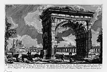 Dessin en noir et blanc d'un arc de triomphe parmi des ruines antiques.