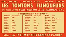 Une publicité pour Les Tontons flingueurs listant des mots d'argot employés dans le film et leurs définitions.