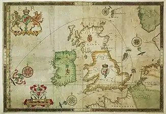 Trajet de l'Invincible Armada autour des îles Britanniques en 1588,  Expeditionis Hispanorum in Angliam vera descriptio anno domini MDLXXXVIII based on Lord Howard, 1590.