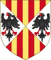 Rois de Sicile (insulaire) : écartelé en sautoir d'or d'Aragon et de Hohenstaufen.