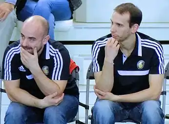 Avec Pablo Morel lors de la finale aller du Championnat de France de handball féminin, contre Metz. Le 28 mai 2014.