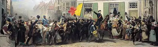 Tableau représentant l'arrivée des volontaires liégeois de 1830 arborant le drapeau de Liège.