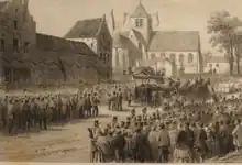 Gravure en noir et blanc représentant un char funèbre tiré par six chevaux, suivi par le roi et ses fils, ainsi que par un cortège de représentants officiels, avançant vers une église modeste sous les regards d'une foule nombreuse.