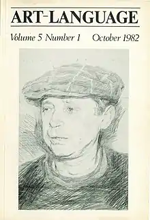 photographie montrant un dessin représentant Mel Ramsden sur la couverture de la revue Art-Language volume 5 numéro 1