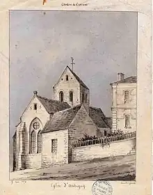 Aubigny-en-Laonnois - L'église en 1873 - Dessin d'Amédée Piette (1808-1883).