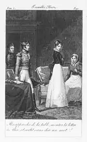 Gravure. Une femme debout tourne la tête vers un jeune officier qui la regarde et montre une lettre sur une table