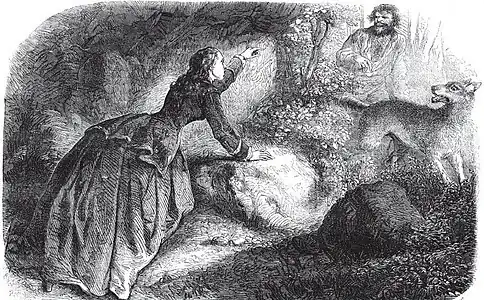 Menacée par la Bête, la belle châtelaine Christine de Barjac appelle vainement Jeannot-Grandes-Dents à son secours. Illustration de Gustave Janet, Journal pour tous, no 148, 30 janvier 1858.