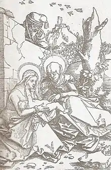 Dessin en noir et blanc représentant deux femmes assises côte à côte, tenant un bébé sur leurs genoux et l'une tenant le sexe de l'enfant entre ses doigts.