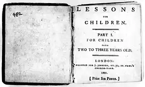 La page se lit ainsi : Lessons for Children. Part I. For Children from Two to Three Years Old. London: Printed for J. Johnson, No. 72, St. Paul's Church-Yard. 1801. [Price six Pence.] (Leçons pour les enfants. Première partie. Pour les enfants âgées de deux à trois ans. Londres : Imprimé pour J. Johnson, no 72, Cimetierre de St Paul. 1801. [Prix six pence.]