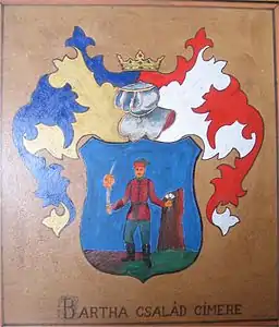 Armoiries de la famille Bartha ; figuratives : tête de Turc empalée sur un sabre; fond azur, trimont sinople, lambrequins bicolores. Fin du XVe - début du XVIIe siècle.