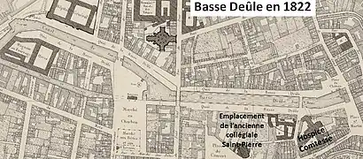 la Basse Deûle en 1822 après démolition de la collégiale Saint-Pierre en 1794 et avant construction du Palais de Justice et de la Halle aux sucres en 1835.