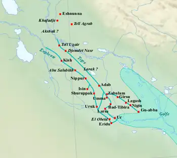 Les sites principaux de Basse Mésopotamie durant la période des dynasties archaïques.