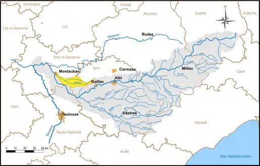 Bassin-versant du Tarn, avec situation du bassin-versant du Tescou.