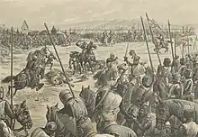 Dessin de plusieurs dizaines d'hommes en armure et à cheval qui se battent entre eux avec des lances et des boucliers dans une plaine.