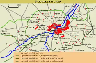 Carte indiquant la position de la ligne de front à différentes dates lors de la bataille de Caen.