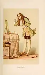 Jeune dandy penché sur une coiffeuse et bouclant sa chevelure, habit vert pâle à vastes parements dorés, air efféminé