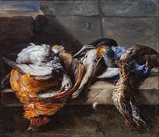 Nicasius Bernaerts, Gibier de plumes sur un rebord de pierre.