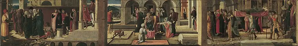 Dans une ville, un convoi porte une défunte à droite qui se réveille au centre puis marche avec le convoi à la gauche.