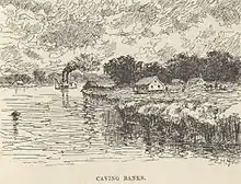 dessin à l'encre, berges éventrées, eaux puissantes, un bateau en arrière-plan