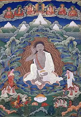 Thangka peint de Milarépa (1052-1135), fin du XIXe-début du XXe siècle, Dhodeydrag Gonpa, Thimphu, Bhoutan.