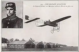 « Le Caporal Gilbert sur Monoplan militaire Blériot en plein vol ».