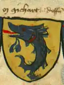 D'or au dauphin pâmé d'azur allumé, oreillé et lampassé de gueules.