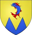 Blason des Hautes-Alpes 1 : coupé émanché de deux pièces, en 1 d'or au dauphin d'azur pâmé et barbé de gueules; en 2 d'azur