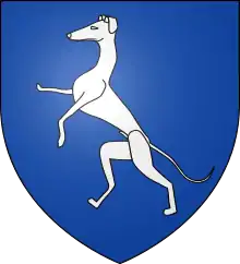 Représentation d’un lévrier blanc, sur fond bleu, dressé sur les pattes arrières