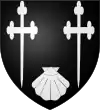 Armes de la famille de Becdelièvre : De sable à deux croix de calvaire, treflées et fichées d'argent, accompagnées en pointe d'une coquille du même.