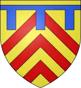 Blason avec 3 chevrons rouges sur fond jaune et une barre horizontale bleue avec des pendants verticaux