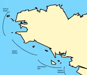 Carte de la Bretagne, avec quatre traits noirs indiquant la position des flottes britanniques.