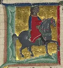 peinture miniature présentant la lettrine L et un cavalier sur un cheval.