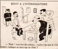 Dessin au trait montrant une scène classique d'interrogatoire du suspect par deux policiers en manche de chemise, l'air épuisé.