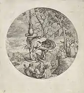 Dessin à la mine d'un homme de trois-quart dos regarde le spectateur. Son tronc est évidé et contient des personnages attablés