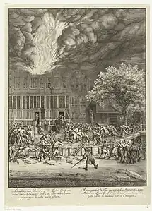 Representation de feu, qui se prit le 12 janvier 1684, a une maison du Leidse Graft, dans le tems d'une tres grande gelée: et de la maniere dont on l'êteignit, eau-forte (ap. 1690, Rijksmuseum Amsterdam).