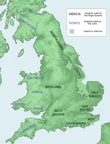 Carte de la Grande-Bretagne à l'époque de Wihtred situant les principaux royaumes.