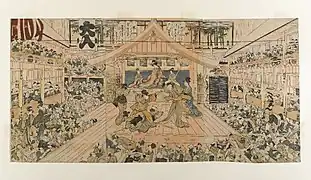 Intérieur d'une salle de kabuki, gravure sur bois de Utagawa Toyokuni vers 1800.