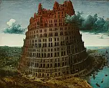 Peinture d'une immense tour inachevée, culminant dans les nuages.