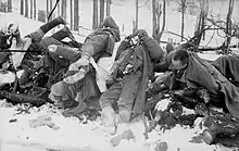 Photographie d'une pile de soldats morts dans une foret enneigée