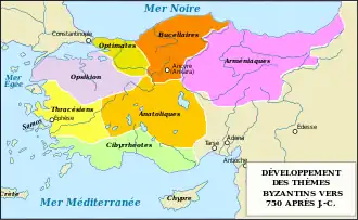 Carte des thèmes byzantins en 750