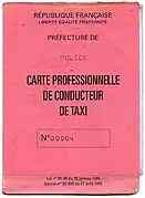 Ancienne carte professionnelle des taxis, toujours en vigueur.