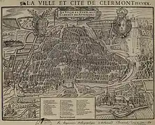 Église Saint-Pierre de Clermont sur le plan de François Fuzier de 1575. (Le nord est en bas. L'église Saint-Pierre est à droite, à la lettre G.)